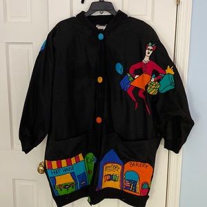 Colorful shopper themed Silkscapes jacket.